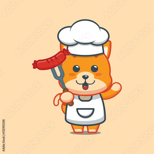 cute cat chef mascot cartoon character with sausage