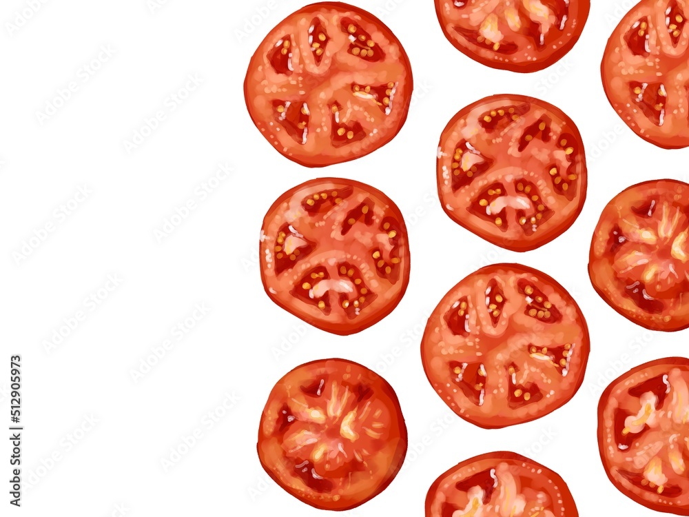 Fototapeta premium 手描き水彩の輪切りトマトイラスト長方形フレーム・右