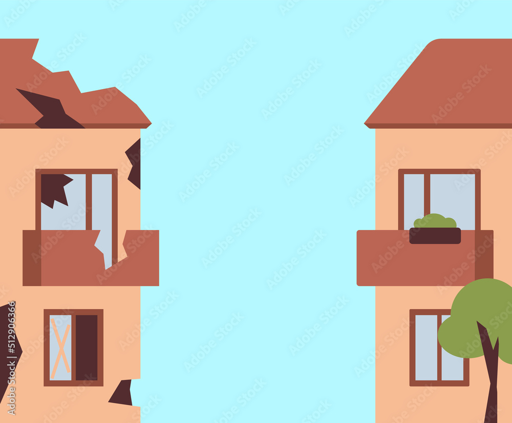 Renovation and reconstruction of destroyed house after war. Comparison