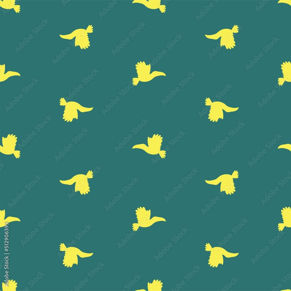 Minimalist animal seamless pattern with flying birds vector. Yellow birds silhouettes on green background endless texture. Simple hand-drawn tropical surface design with regular toucan birds flying