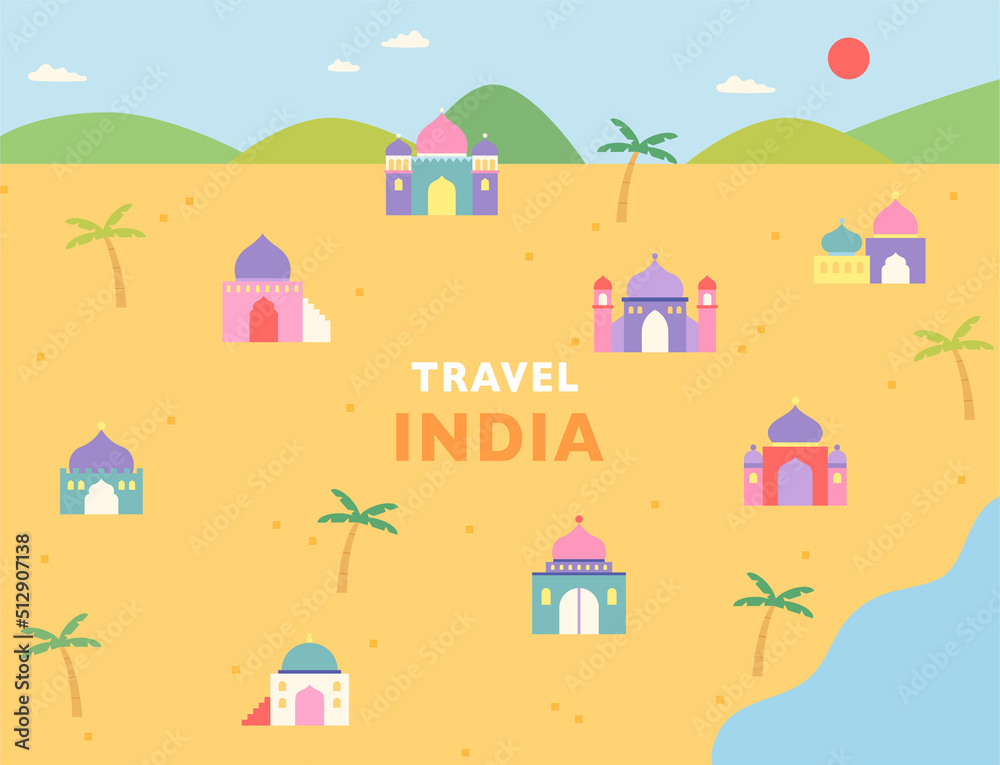 Cute Indian temple icons arranged on illustration map background. flat design style vector illustration.