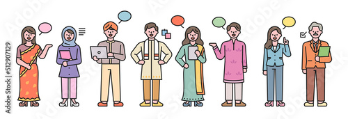 Asian business characters. They are wearing suits and traditional Indian clothes. flat design style vector illustration.