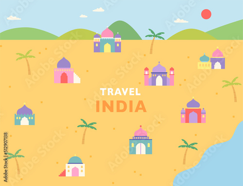 Cute Indian temple icons arranged on illustration map background. flat design style vector illustration.