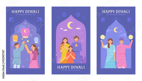 Diwali Post Card. People in traditional Indian costumes in beautiful Arabian patterns are enjoying the festival. flat design style vector illustration.