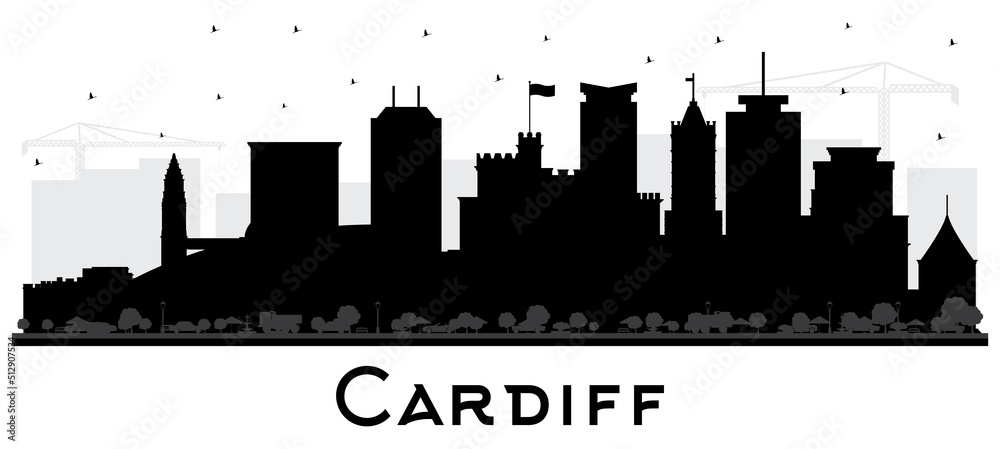Cardiff Wales City Skyline Silhouette with Black Buildings Isolated on White.