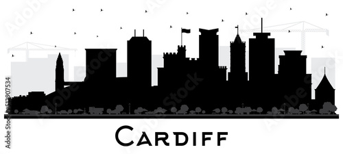 Cardiff Wales City Skyline Silhouette with Black Buildings Isolated on White.