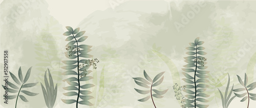 Abstract foliage and botanical background. Green tropical forest wallpaper of leaf branch, wildflowers, grass, fern in hand drawn. Watercolor exotic plants for banner, prints, decor, wall art.