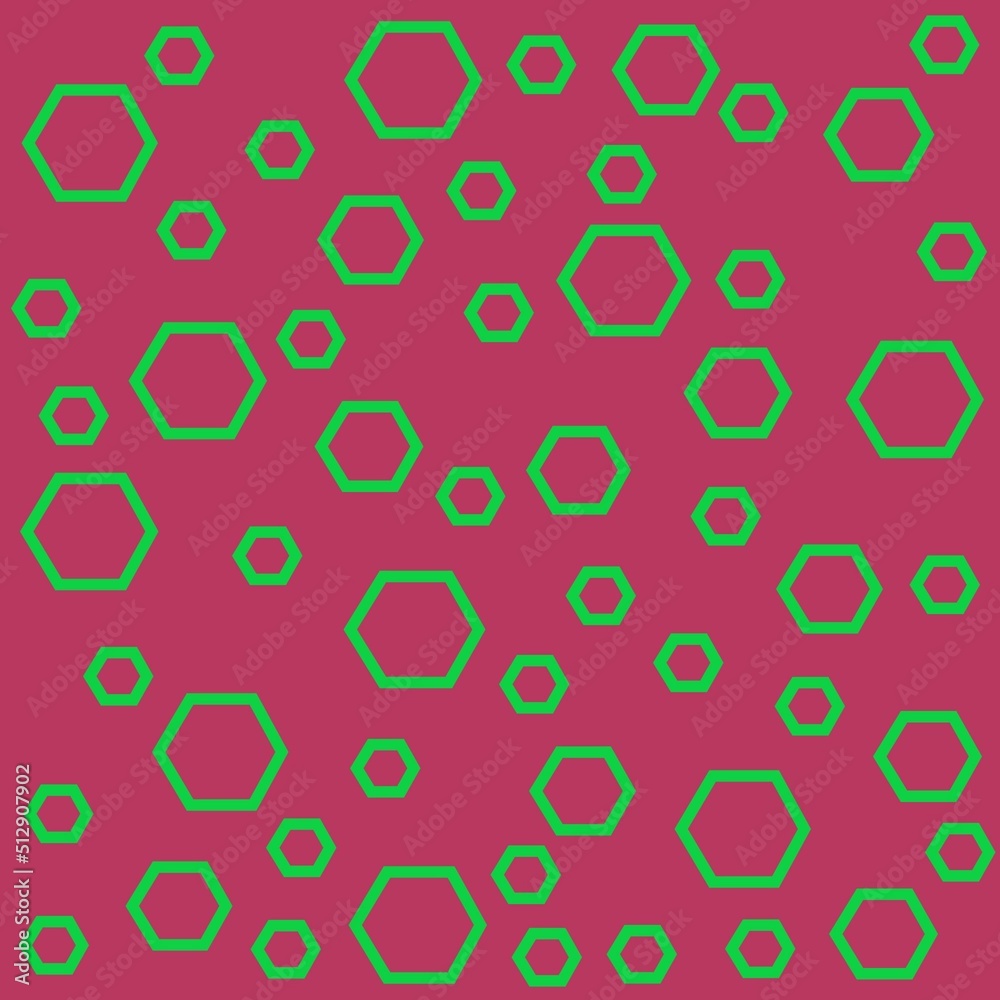 Pattern of geometric shapes on a dark pink background for textiles, covers. Dynamic composition of transparent polygons with green stroke.