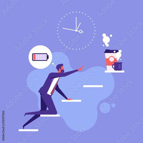 Tired employee crawls up stairs for cup of coffee. Break time, businessman with low battery. Timeout after hard work. Overwork concept. Flat vector illustration