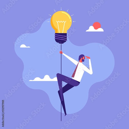 BusinessMan with flying light bulb searching for creative ideas, creative thinking concept, invention or innovation to drive business growth or work achievement 