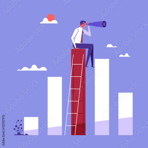 Business vision or visionary concept with businessman sit on financial bar graph with binoculars, looking through into the future
