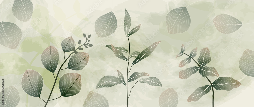Fototapeta Abstract botanical vector background. Tropical plant wallpaper with foliage, tree branches, leaves in hand drawn pattern. Green watercolor botanical design for cover, prints, wall art, decorative.