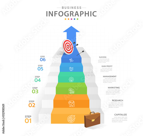 Infographic template for business. 6 Steps Modern Stair diagram with dartboard and arrows presentation vector infographic.