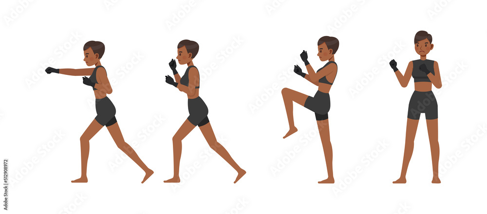 Set of Mixed Martial Arts woman character vector design. Presentation in various action with emotions, running, standing and walking.