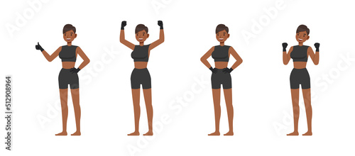 Set of Mixed Martial Arts woman character vector design. Presentation in various action with emotions, running, standing and walking.