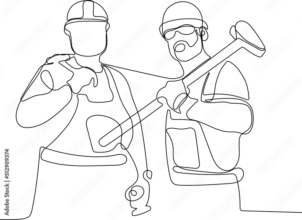 Close up of young Caucasian smiling worker with helmet on head using tablet for work while standing in warehouse. Vector illustration Close up of young Caucasian smiling worker with helmet on head using tablet for work while standing in warehouse. Vector illustration