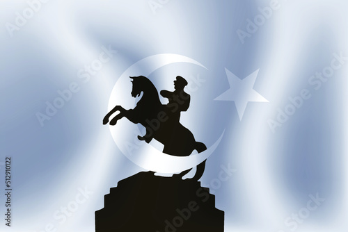 Ataturk on the prancing horse and the Turkish flag behind him. Vector illustration