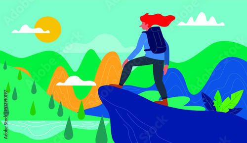 Discovery, exploration, hiking, adventure tourism and travel. Human people with backpack. Explorer or traveller standing on top of mountain. Flat vector illustration style