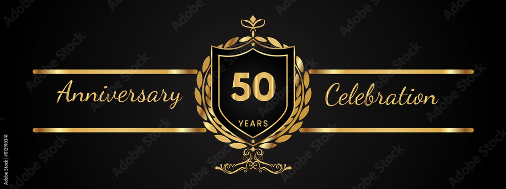 50 years anniversary celebration logotype with golden laurel and wreath vector. Anniversary celebration template design for booklet, brochure, leaflet, magazine, birthday party, banner, greeting. - obrazy, fototapety, plakaty 