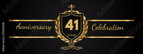41 years anniversary celebration logotype with golden laurel and wreath vector. Anniversary celebration template design for booklet, brochure, leaflet, magazine, birthday party, banner, greeting.