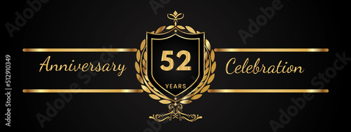 52 years anniversary celebration logotype with golden laurel and wreath vector. Anniversary celebration template design for booklet, brochure, leaflet, magazine, birthday party, banner, greeting.