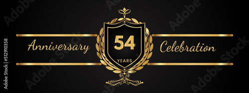 54 years anniversary celebration logotype with golden laurel and wreath vector. Anniversary celebration template design for booklet, brochure, leaflet, magazine, birthday party, banner, greeting.