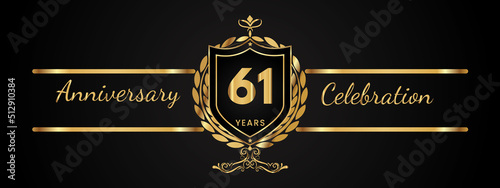 61 years anniversary celebration logotype with golden laurel and wreath vector. Anniversary celebration template design for booklet, brochure, leaflet, magazine, birthday party, banner, greeting.