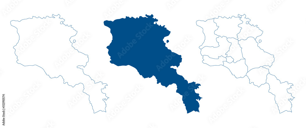 Armenia map. Detailed blue outline and silhouette. Administrative divisions and provinces. Set of vector maps. All isolated on white background. Template for design and infographics.