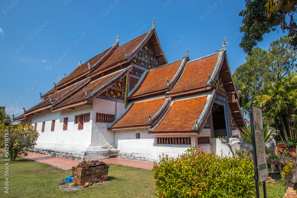 Nan Province,Northern Thailand on December20,2019:Thai Lue style vihara(assembly hall) of Wat Nong Bua,Tha Wang Pha District Nan Province,Northern Thailand on December20,2019:Thai Lue style vihara(assembly hall) of Wat Nong Bua,Tha Wang Pha District