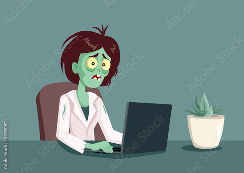 Zombie Woman Working on a Computer Vector Cartoon. Tired corporate employee working overtime feeling burnout and dead inside 
