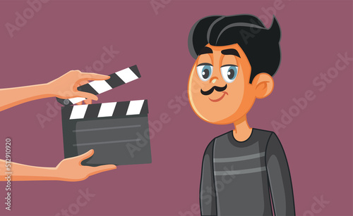 Smiling Actor Filming a Motion Picture Vector Cartoon Illustration. Retro heartthrob cinema star acting in a scene flirting with the camera
