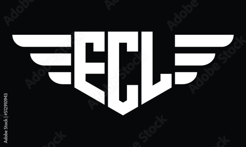 ECL three letter logo, creative wings shape logo design vector template. letter mark, wordmark, monogram symbol on black & white.