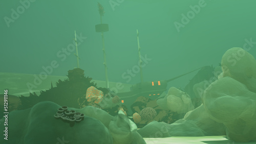Creepy Sunken Ship with Coral 3D Illustration Graphic Model