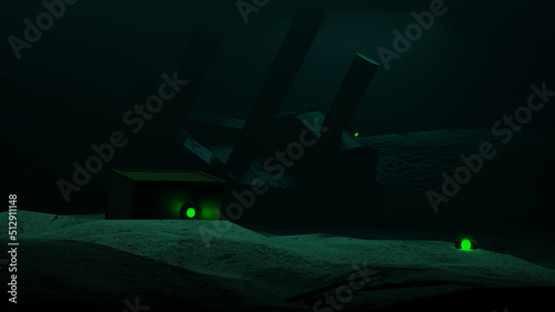 Mysterious Sunken Ship with Glowing Green Crystal Balls 3D Illustration