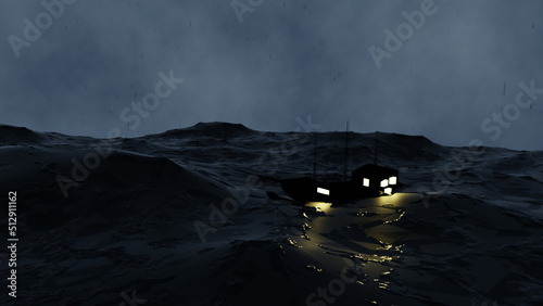 Mysterious Ship in Ocean During Rain Storm 3D Graphic Illustration