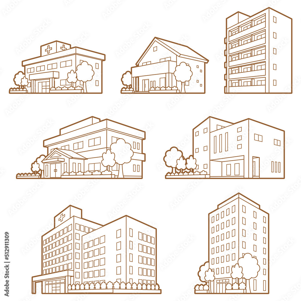 様々な建物の透視図のイラスト.