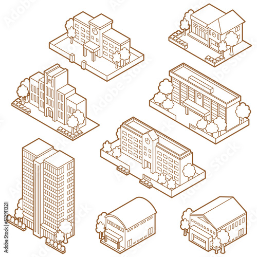 様々な建物の立体図形のイラスト. 