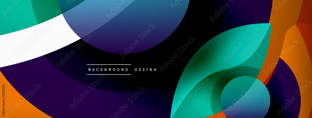 Abstract background with color geometric shapes. Beautiful minimal backdrop with round shapes circles and lines. Geometrical design. Vector illustration