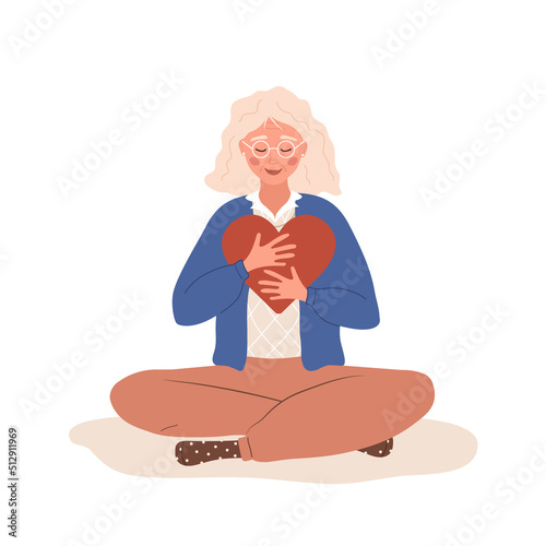 Love yourself. Self care. Mental health concept. Happy elderly woman hugging red heart. Smiling lady enjoys her freedom. Vector illustration in flat cartoon style.