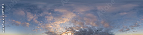 Dark blue sunset sky panorama with pink Cumulus clouds. Seamless hdr 360 panorama in spherical equirectangular format. Full zenith for 3D visualization, sky replacement for aerial drone panoramas. © panophotograph