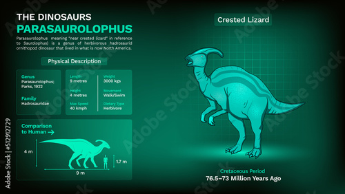 Description and Physical Characteristics of Parasaurolophus - Vector Illustration