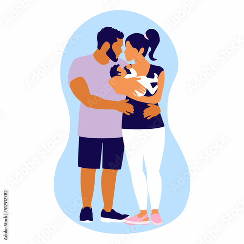Happy family with a baby in their arms. Embrace. Parental care for children. Couple love.  Woman and man in full growth. Nursing mother