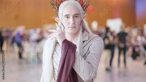 Elven king cosplay pose for camera at comic con