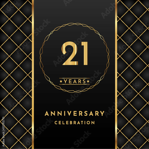 21 years anniversary celebration golden color with circle ring isolated on black background for the anniversary celebration event, wedding, greeting card, brochure, birthday party, and Invitation.