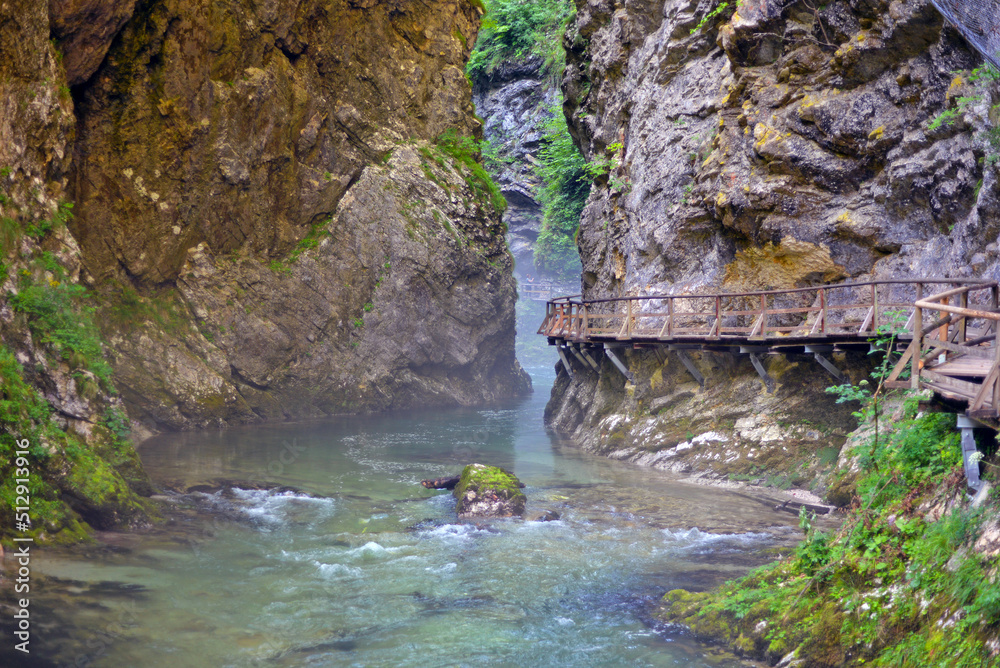 Mountain waterfall, Slovenia. Nature, water, greenery, stones, misty, calm.