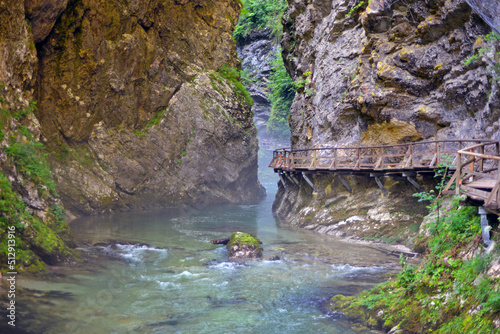 Obraz na płótnie Mountain waterfall, Slovenia. Nature, water, greenery, stones, misty, calm. w salonie