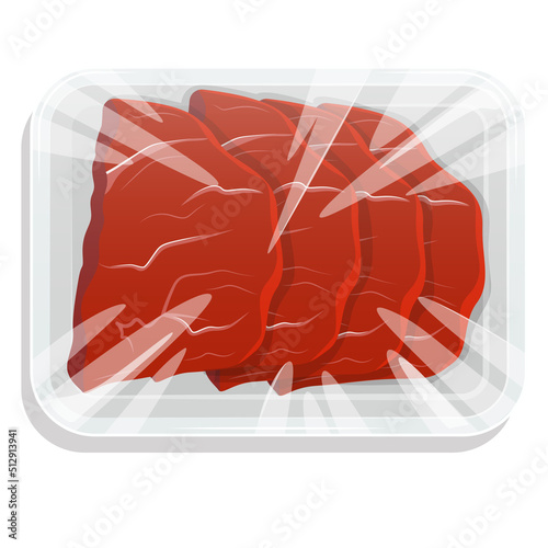 Fresh meat. Steak. A piece of meat in a vacuum pack. Pork and beef in a plastic tray. Vector illustration.