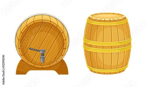 Wooden barrels set. Traditional oak cask with tap for wine, rum, beer, cognac, whiskey vector illustration