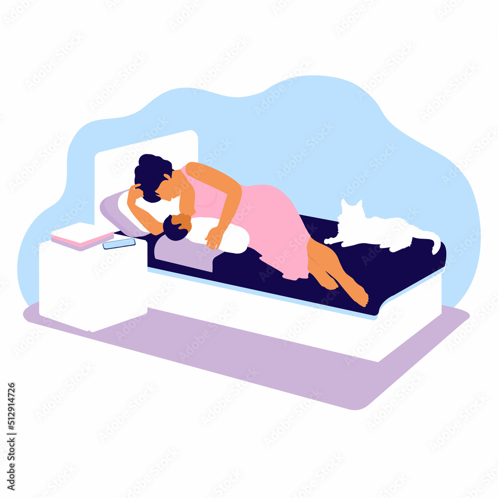 Fototapeta premium Woman with newborn baby alone at home with child. The first days of the postpartum period. Lying breastfeeding position. Vector illustration