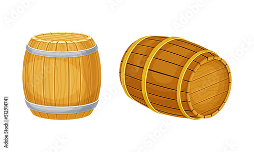 Traditional oak wooden barrels for wine, rum, beer, cognac, whiskey storage vector illustration